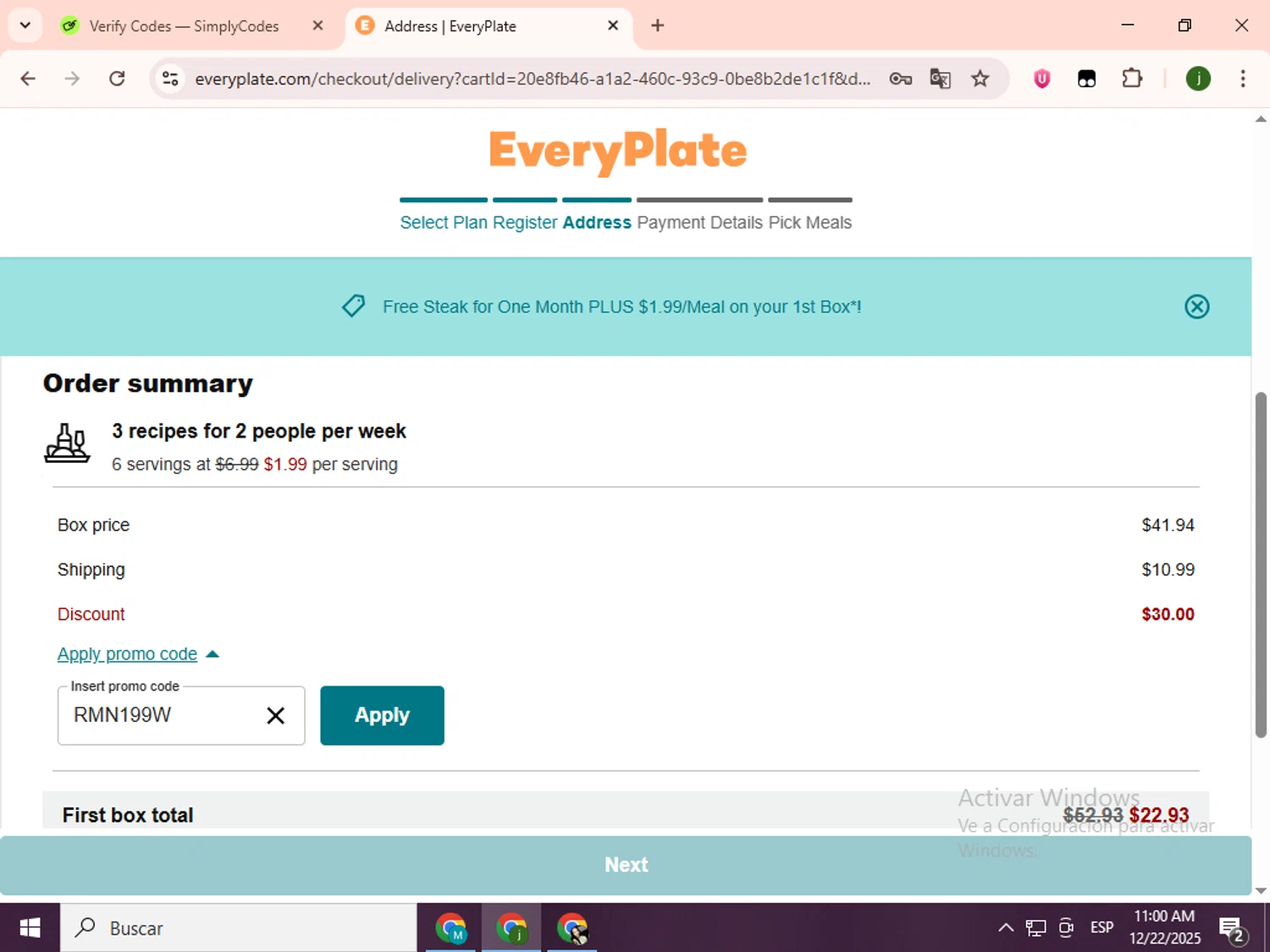 EveryPlate promo code screenshot showing code RMN199W applied at EveryPlate checkout page. Uploaded by SimplyCodes community member SavingsCollector2592 on Dec 22, 2025