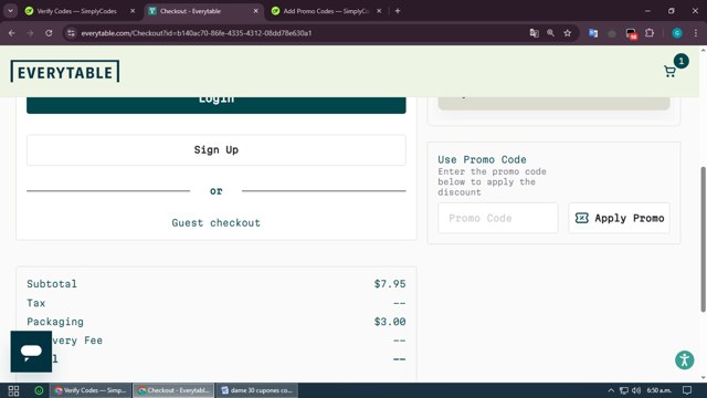 Everytable checkout page showing Everytable promo code box | Screenshot taken by SimplyCodes community member on Apr 11, 2025