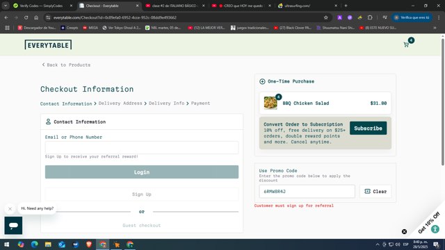 Everytable checkout page showing Everytable promo code box | Screenshot taken by SimplyCodes community member on May 29, 2025