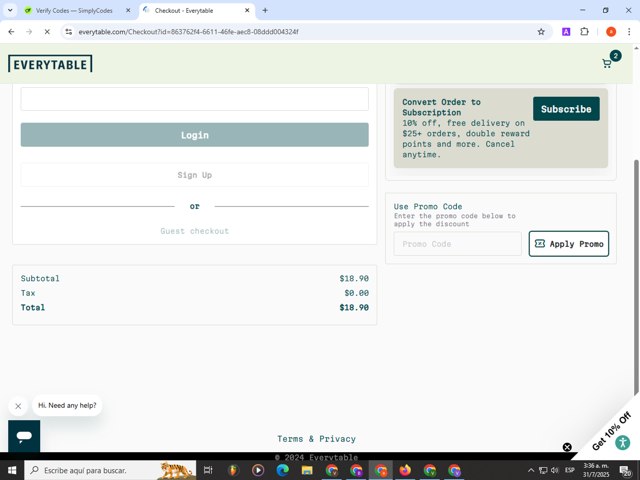 Everytable checkout page showing Everytable promo code box | Screenshot taken by SimplyCodes community member on Jul 31, 2025