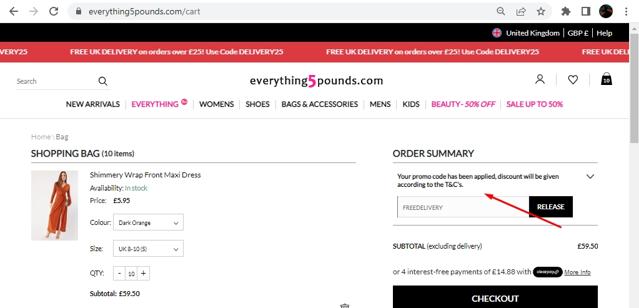 Everything5Pounds checkout page showing Everything5Pounds coupon code box | Screenshot taken by SimplyCodes community member on Dec 26, 2022