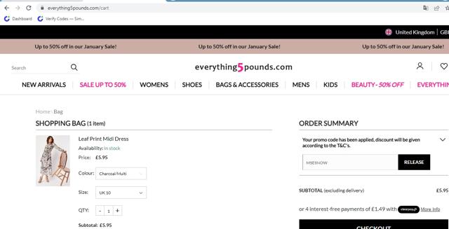 Everything5Pounds checkout page showing Everything5Pounds coupon code box | Screenshot taken by SimplyCodes community member on Jan 12, 2023