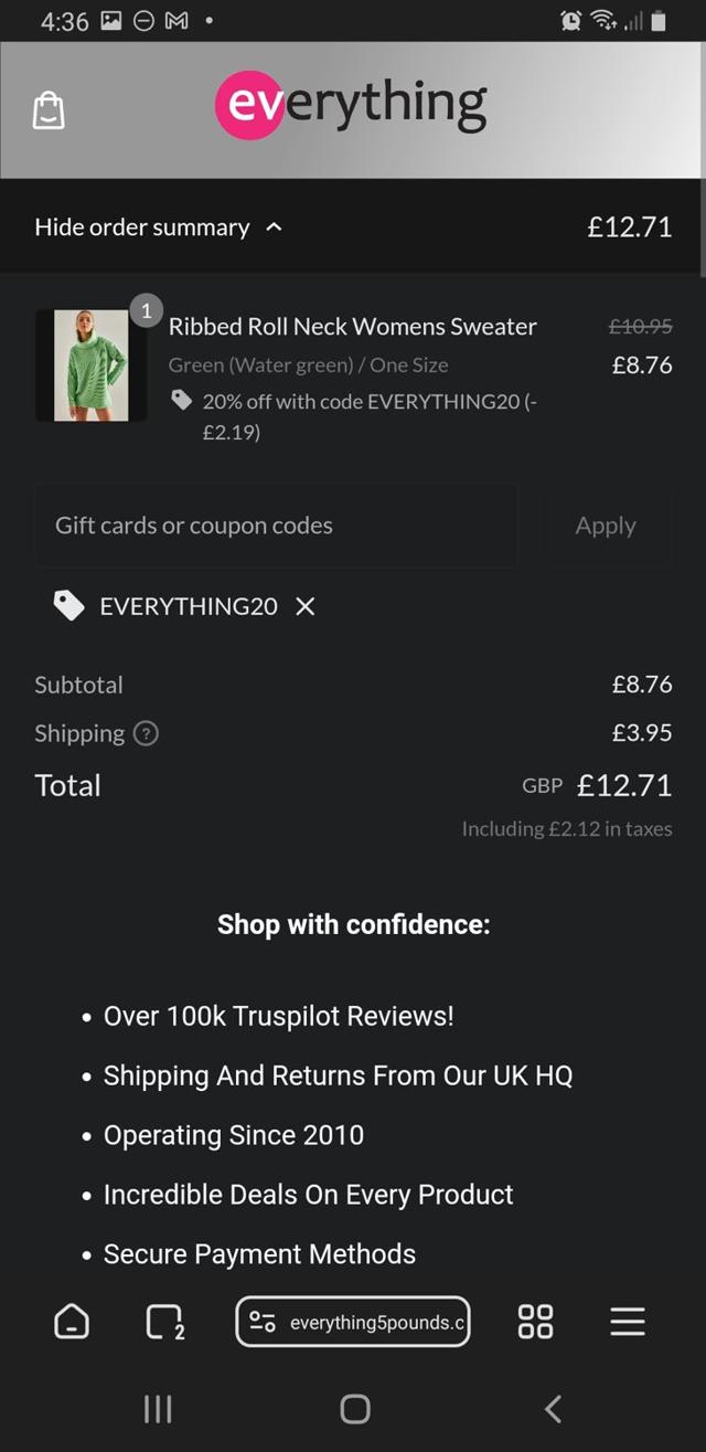 Everything5Pounds checkout page showing Everything5Pounds coupon code box | Screenshot taken by SimplyCodes community member on Sep 27, 2024