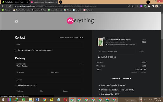 Everything5Pounds checkout page showing Everything5Pounds coupon code box | Screenshot taken by SimplyCodes community member on Sep 27, 2024