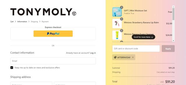 Everything But Water checkout page showing Everything But Water promo code box | Screenshot taken by SimplyCodes community member on Aug 20, 2020