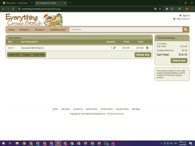 Everything Cross Stitch checkout page showing Everything Cross Stitch promo code box | Screenshot taken by SimplyCodes community member on Jun 14, 2025