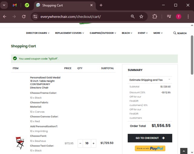 Everywhere Chair checkout page showing Everywhere Chair coupon code box | Screenshot taken by SimplyCodes community member on Mar 29, 2025