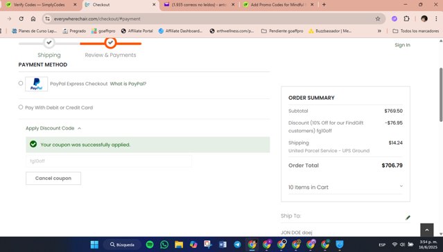 Everywhere Chair checkout page showing Everywhere Chair coupon code box | Screenshot taken by SimplyCodes community member on Jun 16, 2025