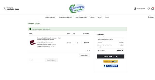 Everywhere Chair checkout page showing Everywhere Chair coupon code box | Screenshot taken by SimplyCodes community member on Feb 10, 2025