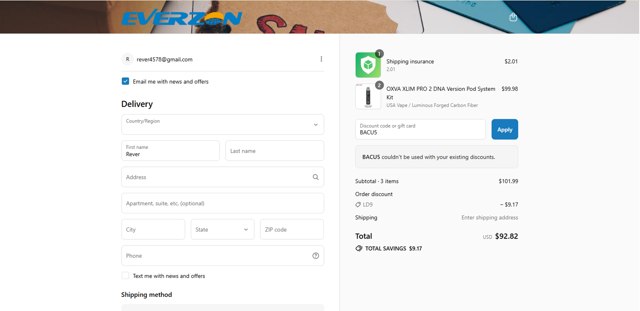Everzon checkout page showing Everzon discount code box | Screenshot taken by SimplyCodes community member on Sep 4, 2025