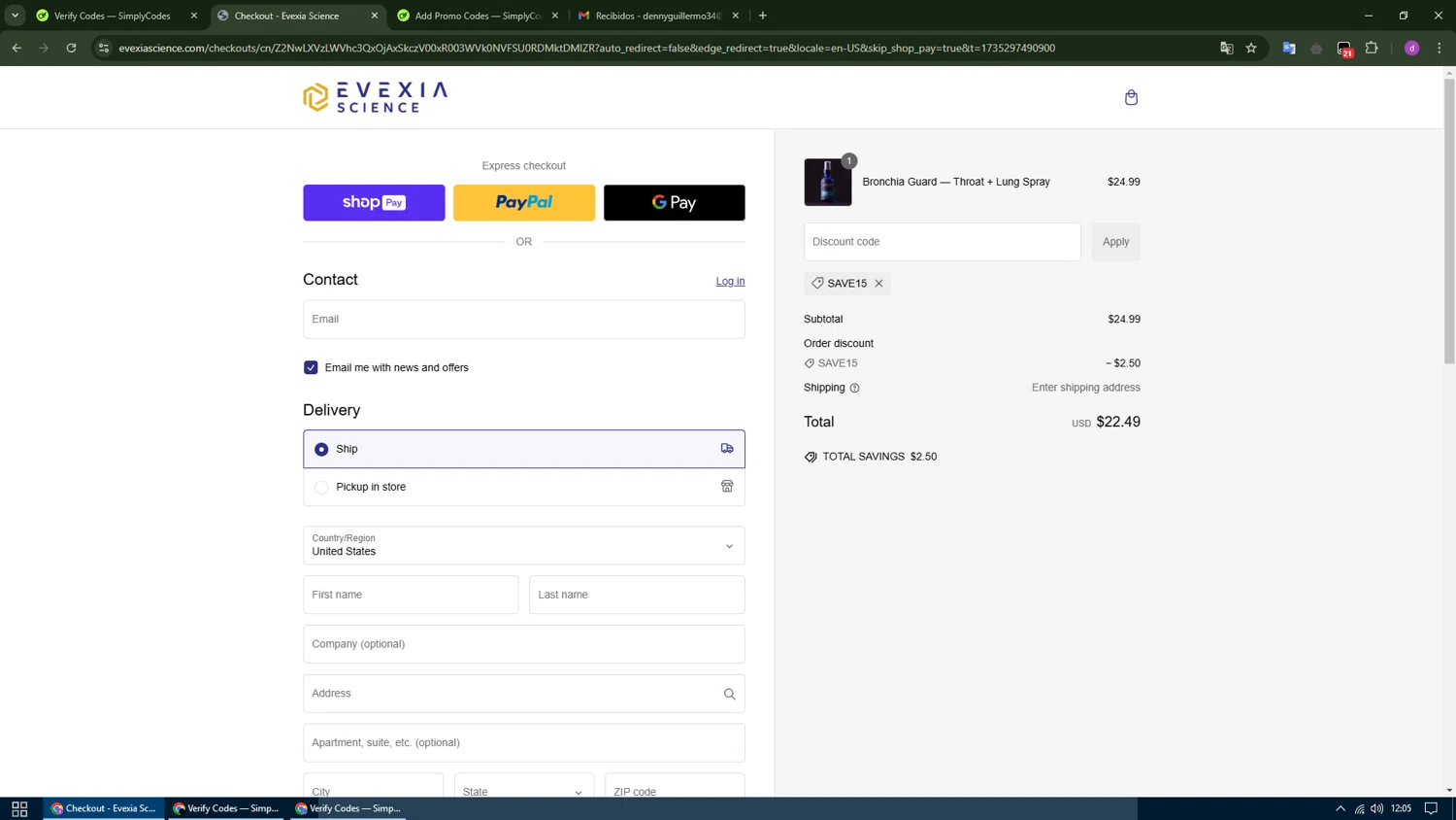 Evexia Science promo code screenshot showing code Save15 applied at Evexia Science checkout page. Uploaded by SimplyCodes community member SwiftFox1285 on Dec 27, 2024