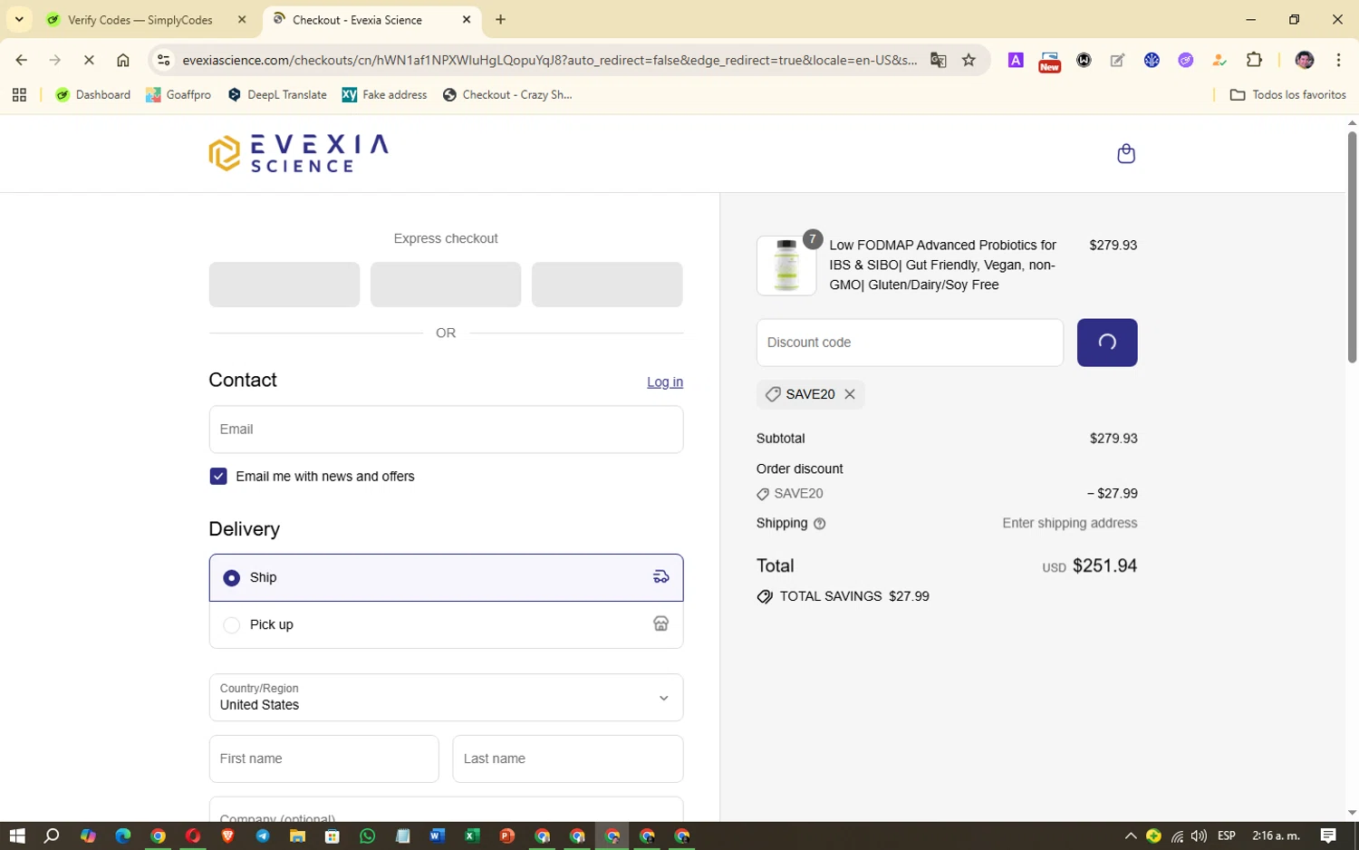 Evexia Science promo code screenshot showing code Save20 applied at Evexia Science checkout page. Uploaded by SimplyCodes community member Oklahoma_City on Aug 9, 2025