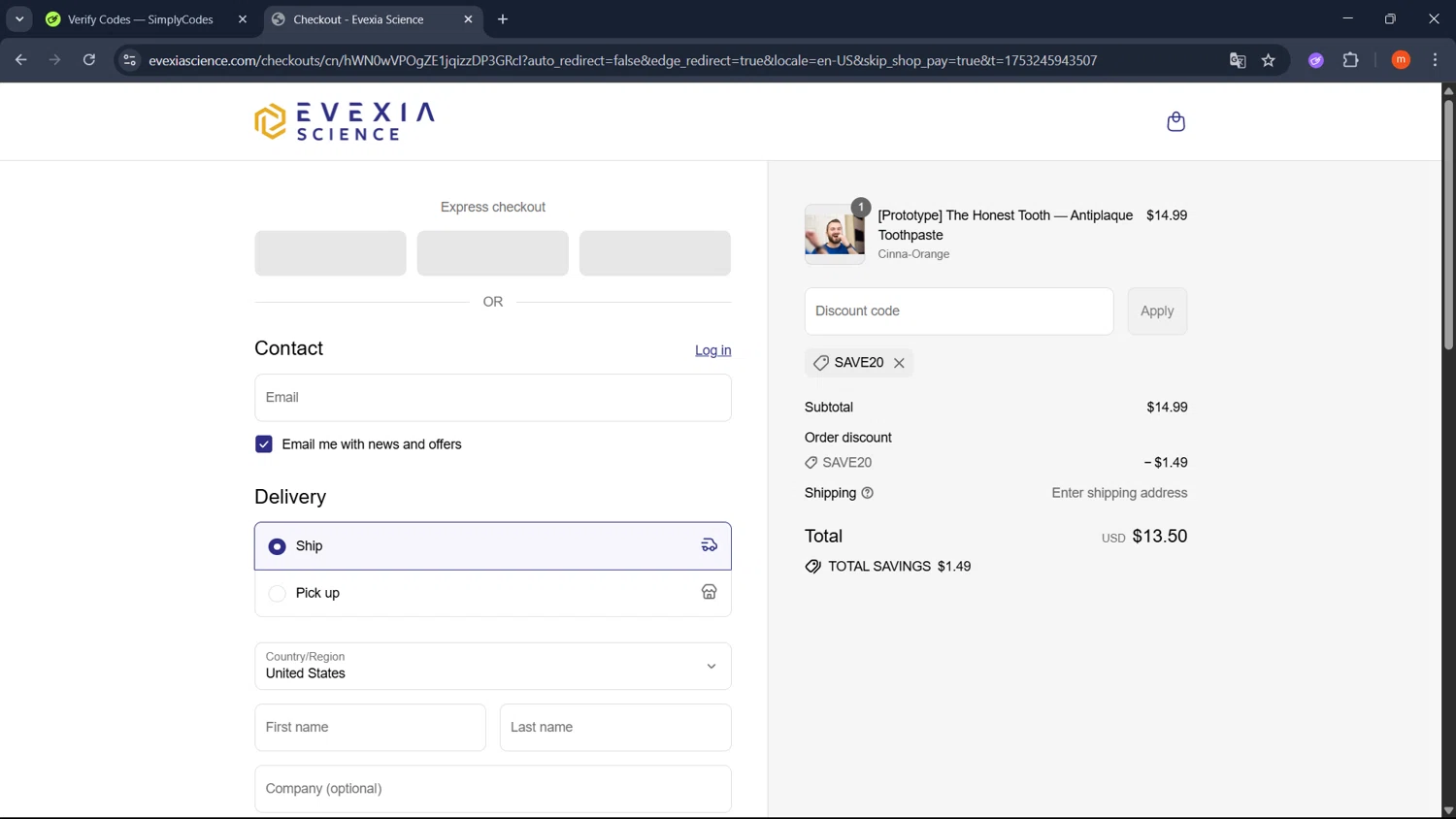 Evexia Science promo code screenshot showing code Save20 applied at Evexia Science checkout page. Uploaded by SimplyCodes community member PromoMonarch895 on Jul 23, 2025