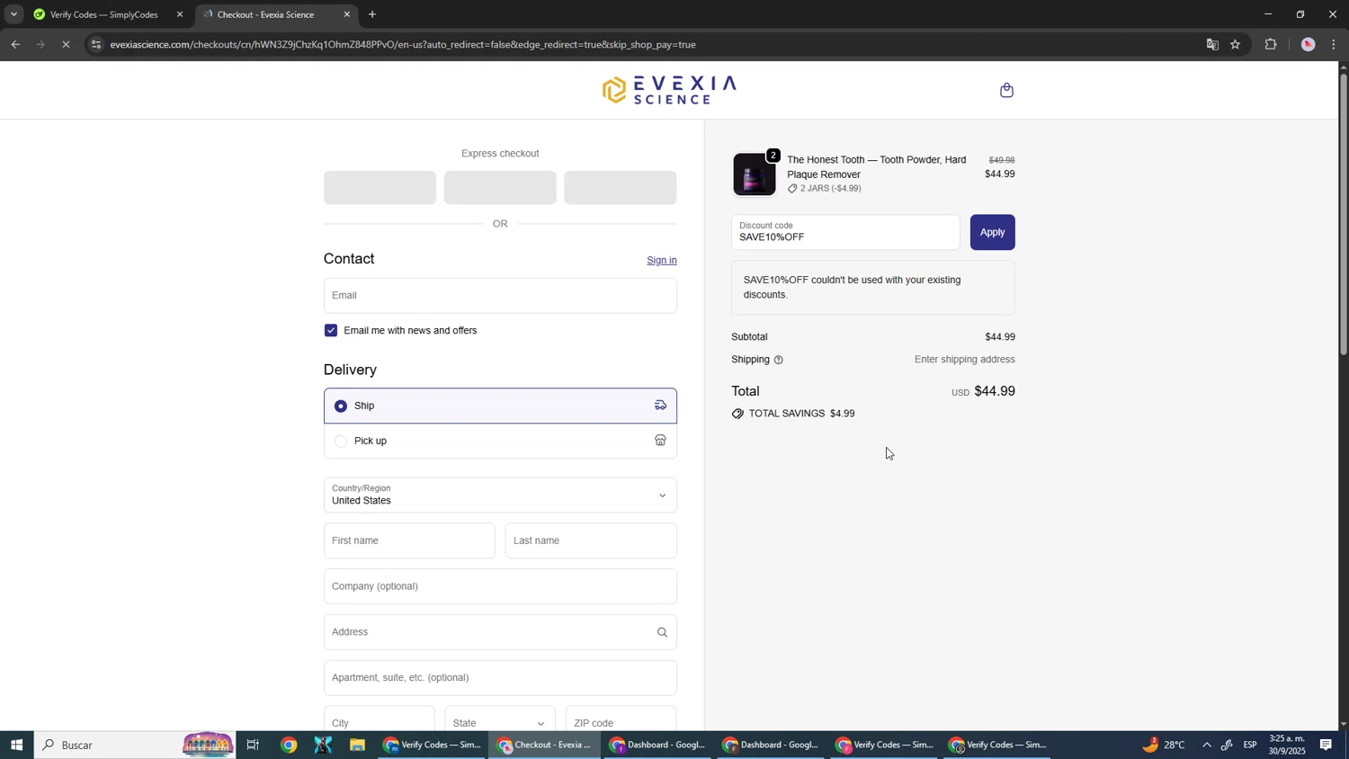 Evexia Science promo code screenshot showing code SAVE10%OFF applied at Evexia Science checkout page. Uploaded by SimplyCodes community member DealScout5970 on Sep 30, 2025