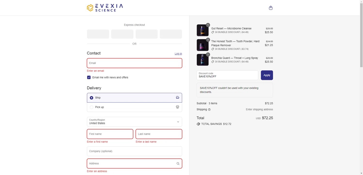 Evexia Science promo code screenshot showing code SAVE10%OFF applied at Evexia Science checkout page. Uploaded by SimplyCodes community member SilverChaser3269 on Sep 8, 2025