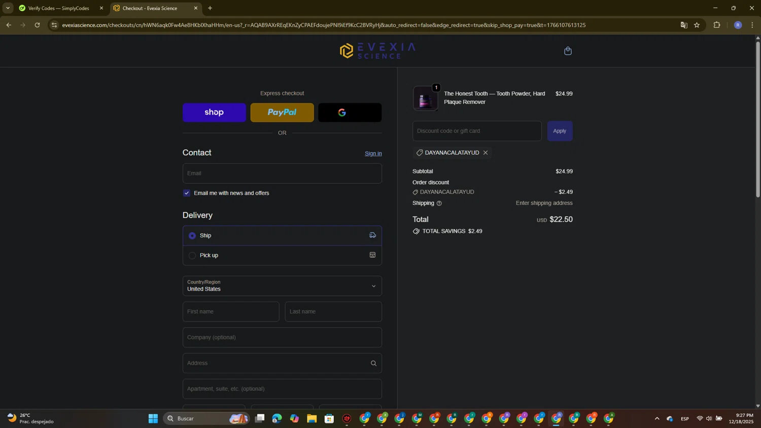 Evexia Science promo code screenshot showing code DAYANACALATAYUD applied at Evexia Science checkout page. Uploaded by SimplyCodes community member ExtraordinarySaver3260 on Dec 19, 2025