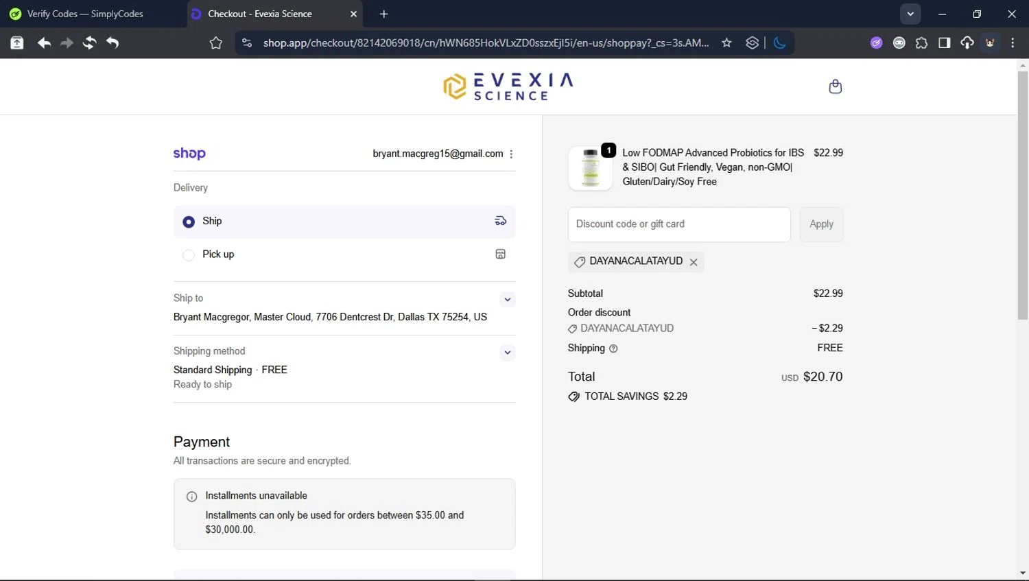 Evexia Science promo code screenshot showing code DAYANACALATAYUD applied at Evexia Science checkout page. Uploaded by SimplyCodes community member LegendaryCollector6259 on Dec 6, 2025