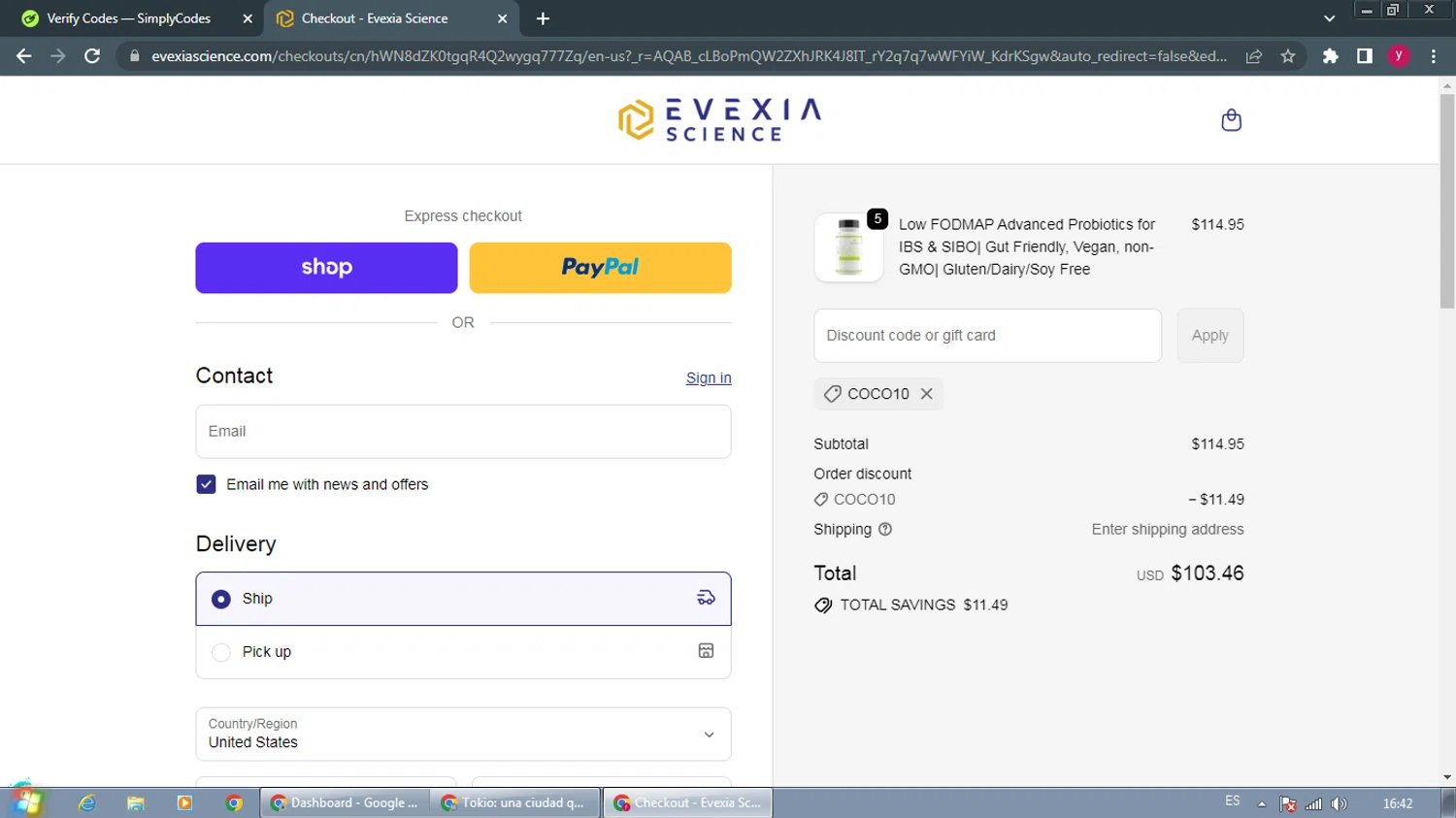Evexia Science checkout page showing Evexia Science promo code box | Screenshot taken by SimplyCodes community member on Feb 10, 2026