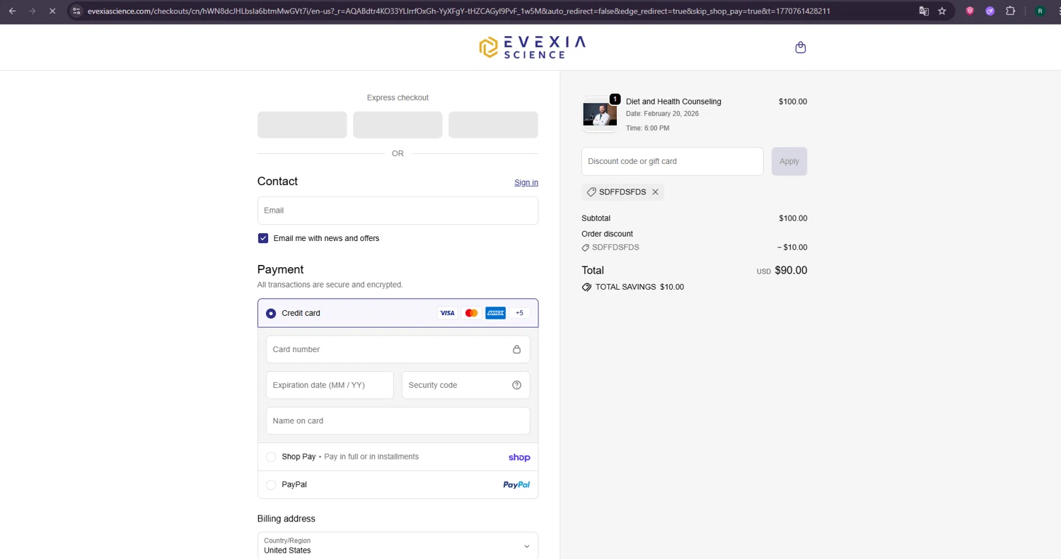 Evexia Science checkout page showing Evexia Science promo code box | Screenshot taken by SimplyCodes community member on Feb 10, 2026