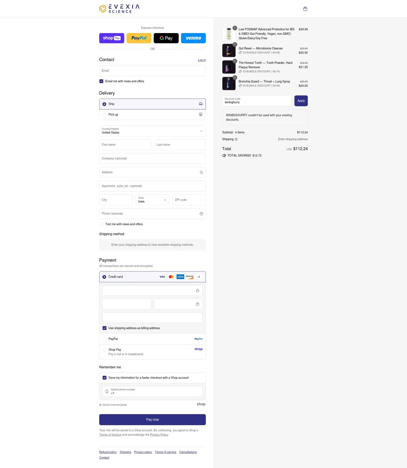 Evexia Science promo code screenshot showing code winbighurry applied at Evexia Science checkout page. Uploaded by SimplyCodes community member saltediosteve on Aug 22, 2025