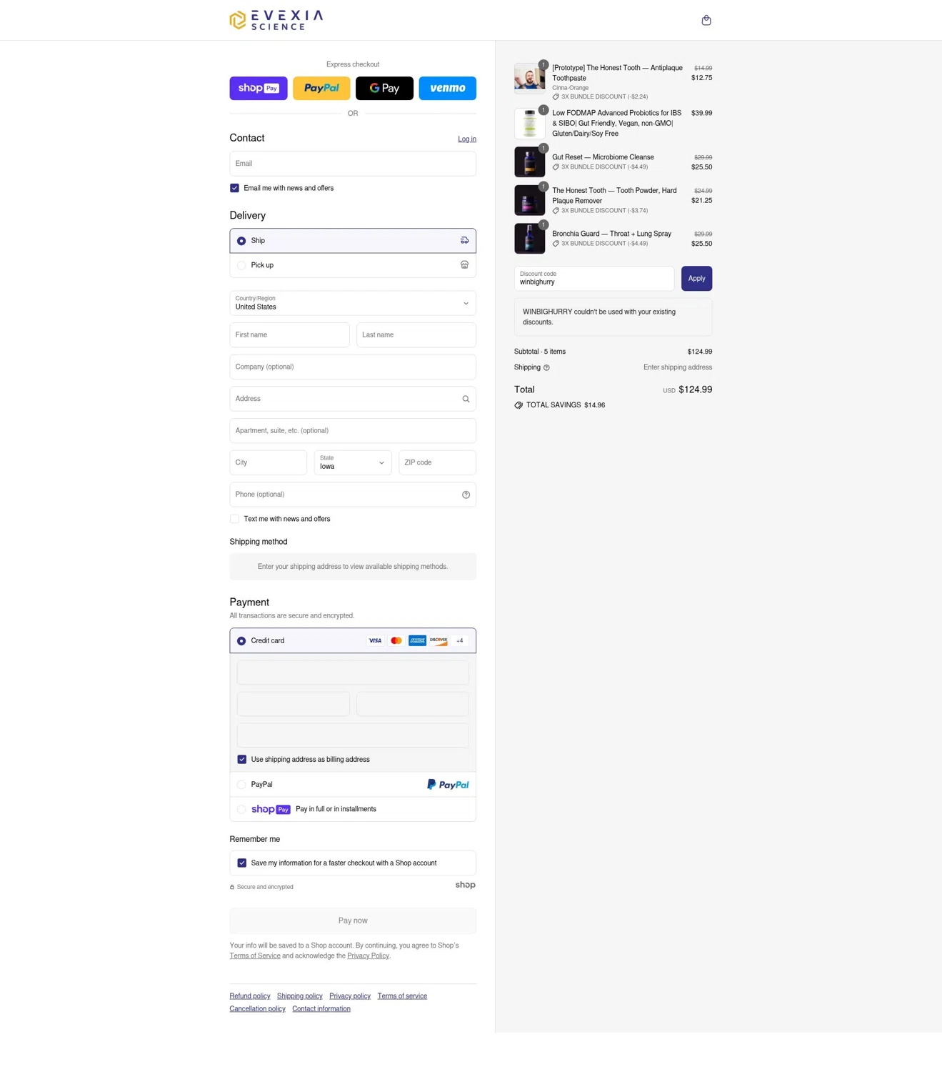 Evexia Science promo code screenshot showing code winbighurry applied at Evexia Science checkout page. Uploaded by SimplyCodes community member DealExpert4491 on Jul 25, 2025