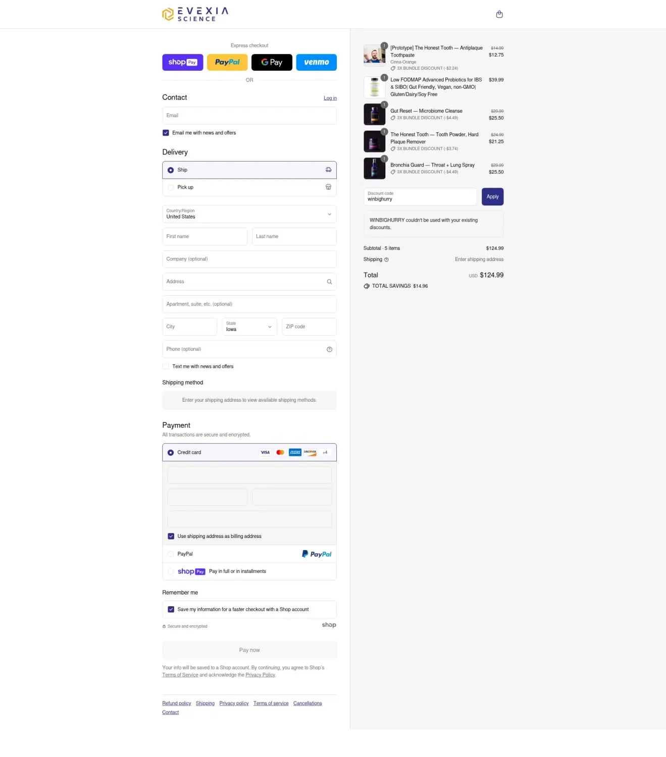 Evexia Science promo code screenshot showing code winbighurry applied at Evexia Science checkout page. Uploaded by SimplyCodes community member RebateFalcon3172 on Aug 1, 2025