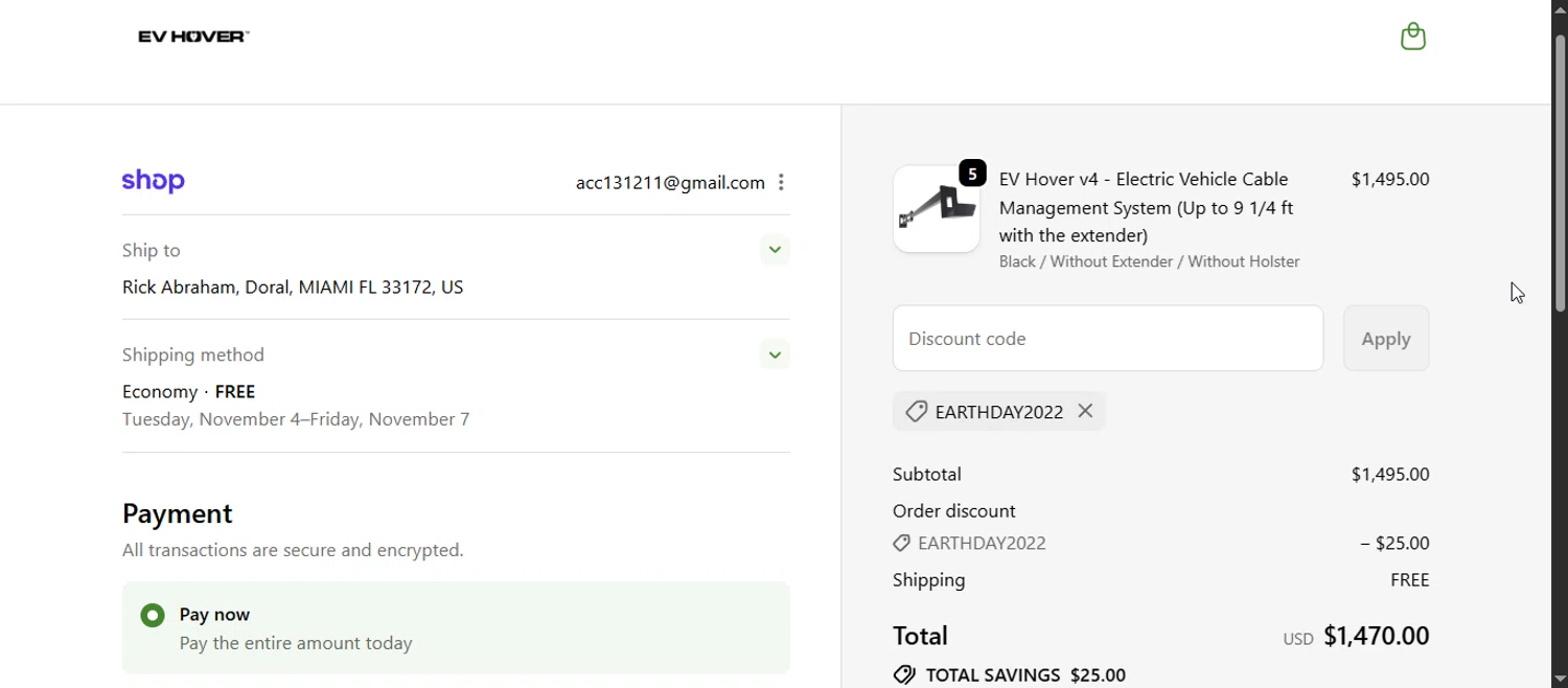 EV Hover promo code screenshot showing code EARTHDAY2022 applied at EV Hover checkout page. Uploaded by SimplyCodes community member varusitochambeador3 on Oct 25, 2025