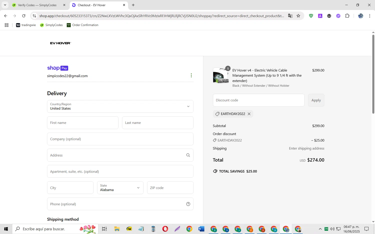 EV Hover promo code screenshot showing code EARTHDAY2022 applied at EV Hover checkout page. Uploaded by SimplyCodes community member JoseH45 on Jun 16, 2025