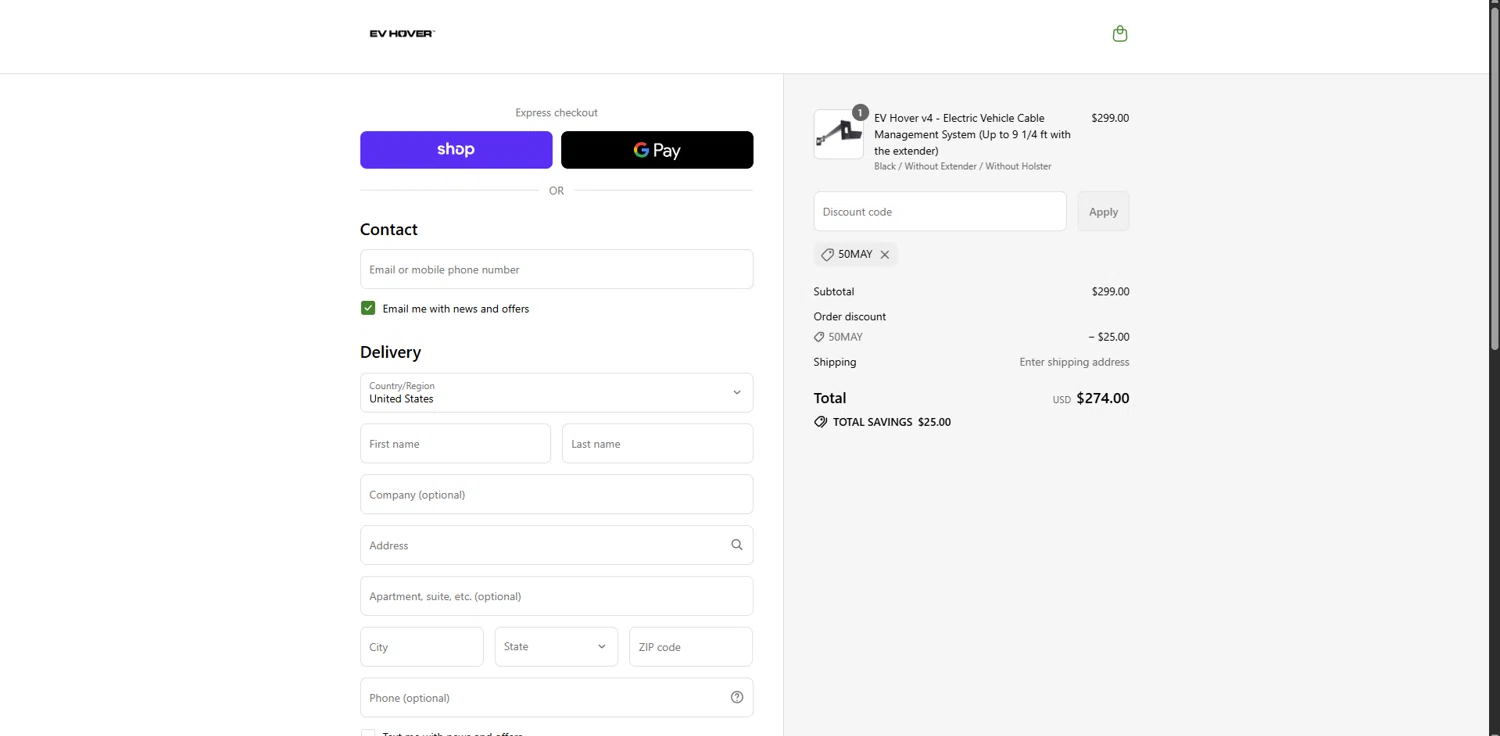 EV Hover promo code screenshot showing code 50May applied at EV Hover checkout page. Uploaded by SimplyCodes community member MagnificentBoss8201 on Sep 1, 2025