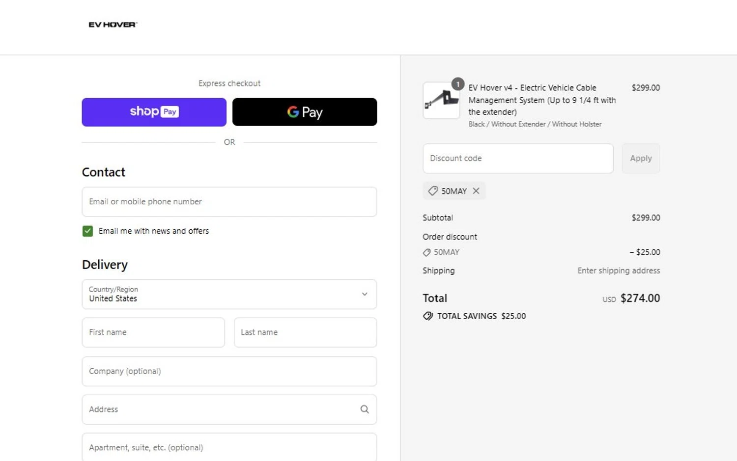 EV Hover promo code screenshot showing code 50May applied at EV Hover checkout page. Uploaded by SimplyCodes community member PennyScholar167 on Aug 19, 2025