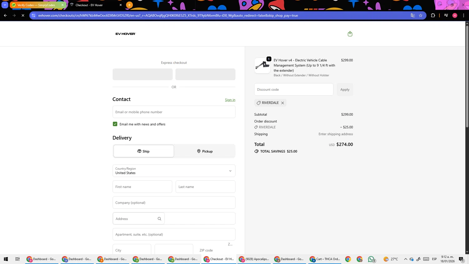 EV Hover promo code screenshot showing code RIVERDALE applied at EV Hover checkout page. Uploaded by SimplyCodes community member TokenSleuth5758 on Jan 18, 2026