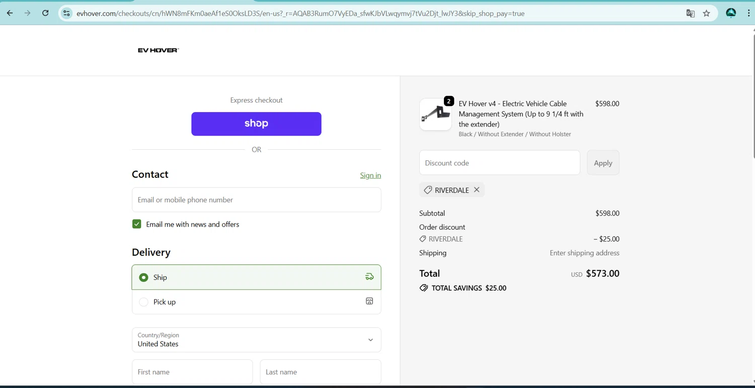 EV Hover checkout page showing EV Hover promo code box | Screenshot taken by SimplyCodes community member on Feb 14, 2026