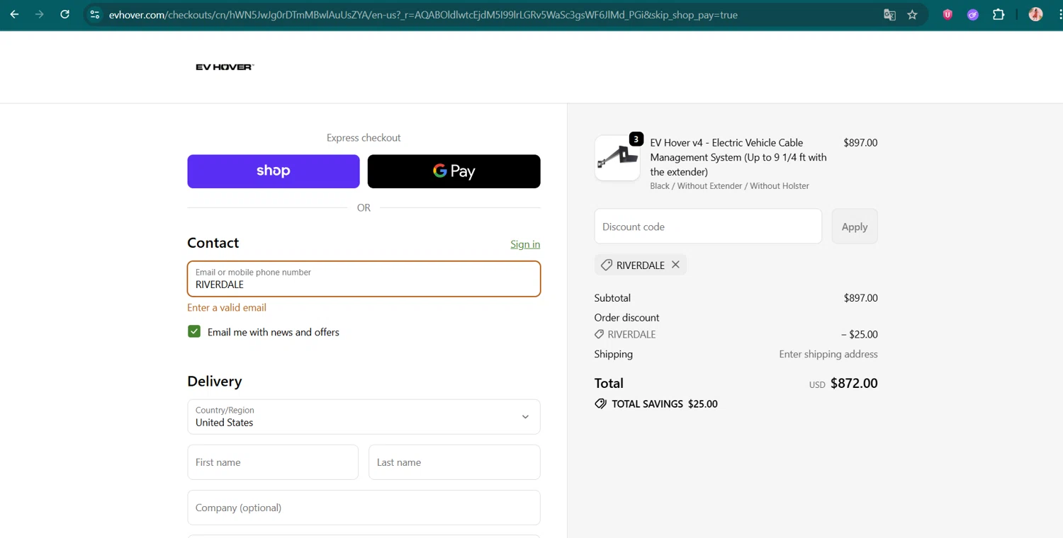 EV Hover promo code screenshot showing code RIVERDALE applied at EV Hover checkout page. Uploaded by SimplyCodes community member jenifer on Nov 15, 2025