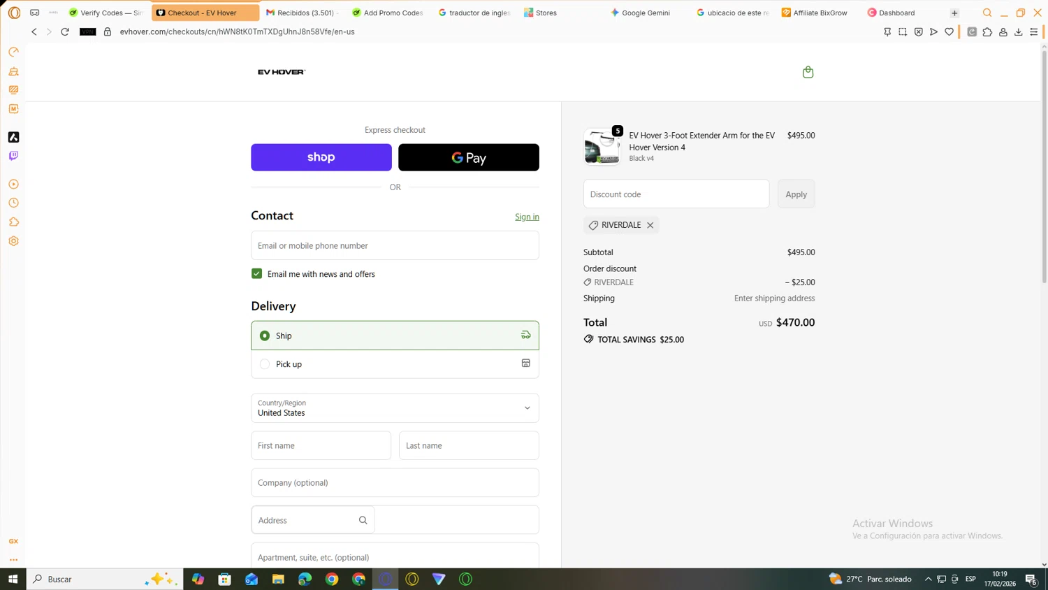 EV Hover checkout page showing EV Hover promo code box | Screenshot taken by SimplyCodes community member on Feb 17, 2026
