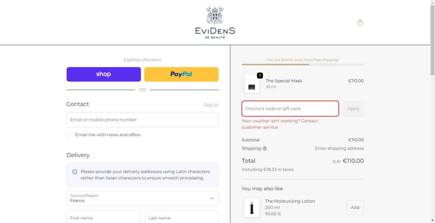 EviDens de Beaute promo code screenshot showing code BLACKFRIDAY applied at EviDens de Beaute checkout page. Uploaded by SimplyCodes community member LlonardoLotes on Dec 12, 2025