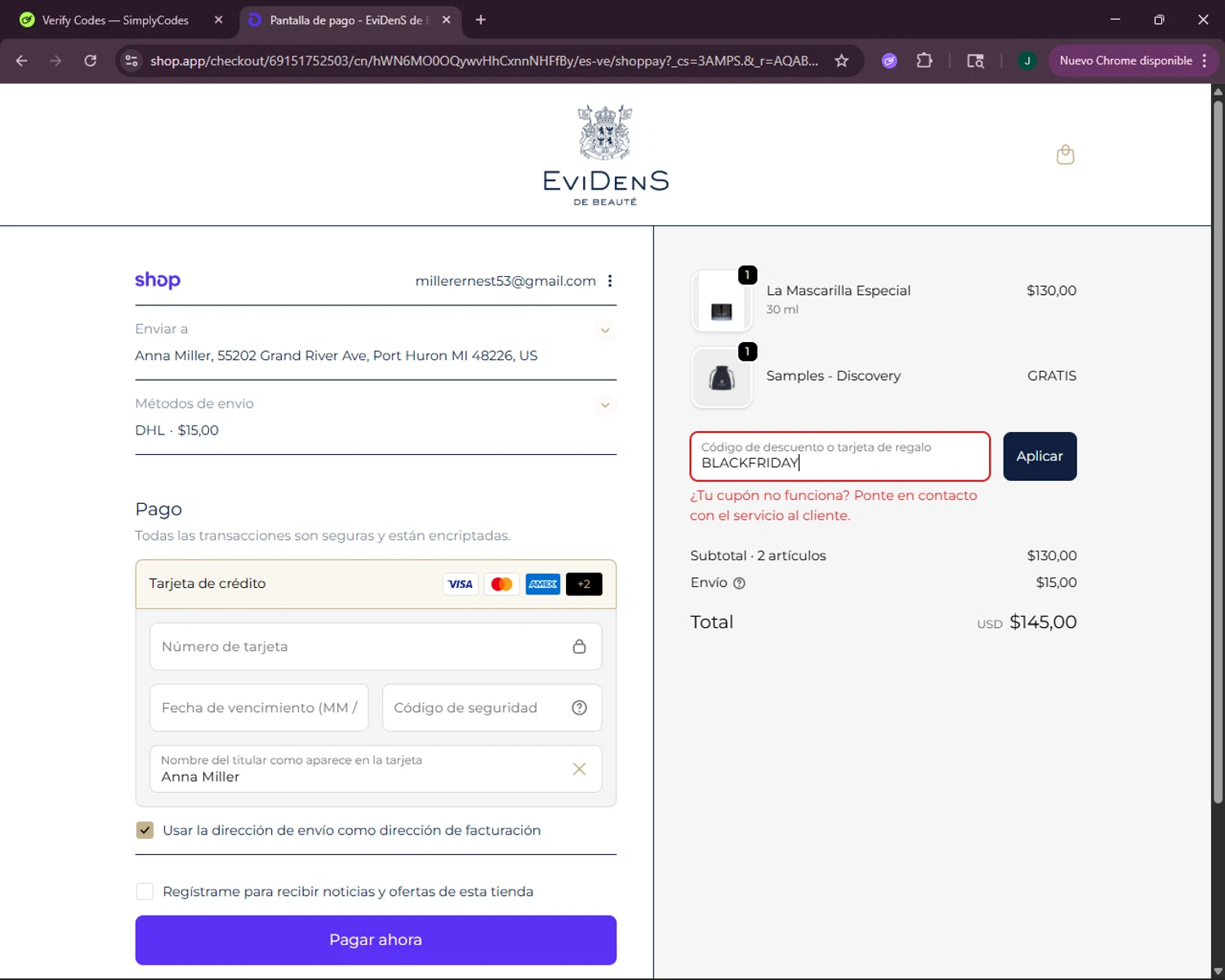 EviDens de Beaute promo code screenshot showing code BLACKFRIDAY applied at EviDens de Beaute checkout page. Uploaded by SimplyCodes community member VictoriousOwl2774 on Dec 12, 2025