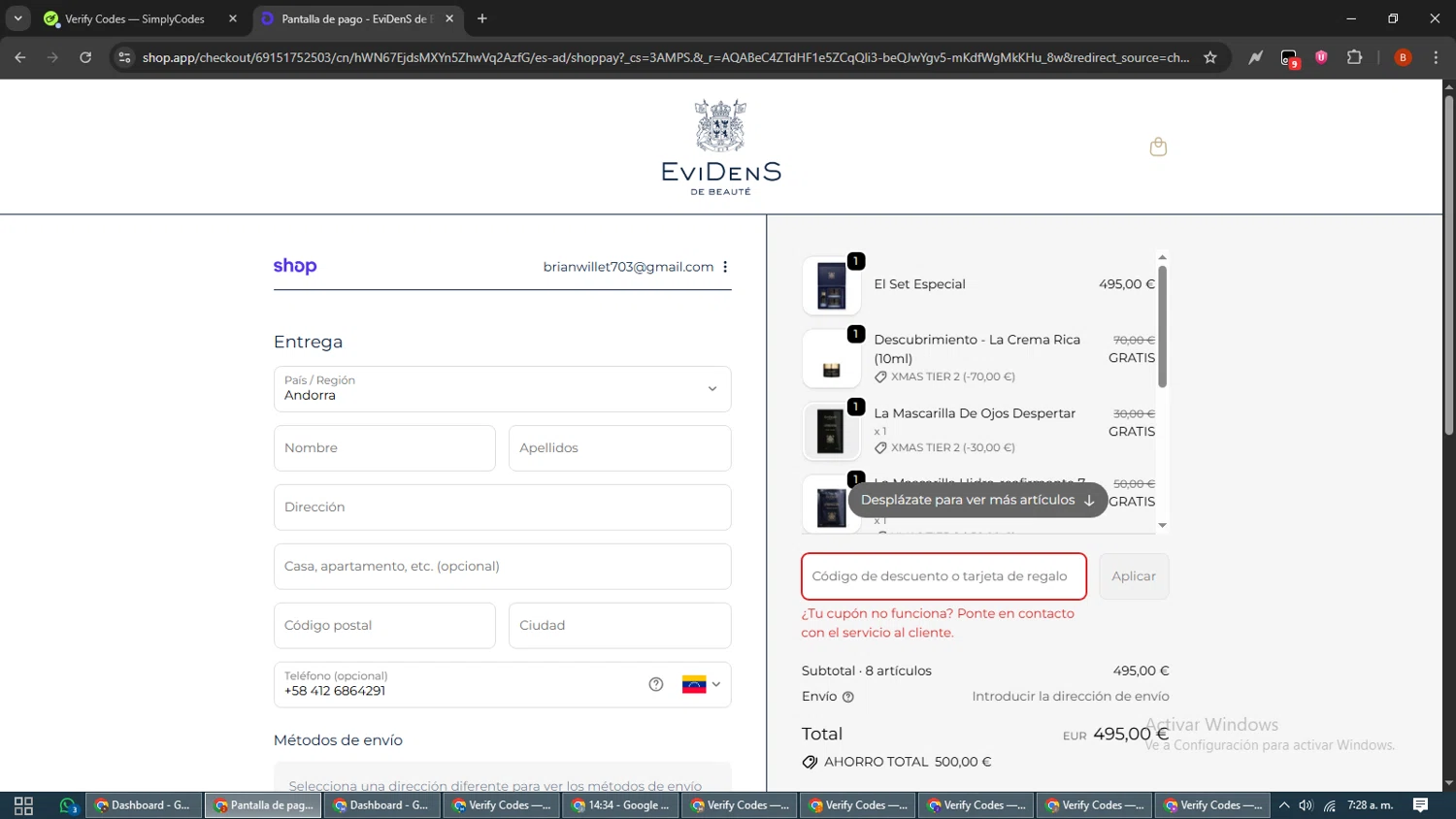 EviDens de Beaute promo code screenshot showing code 11DEAL applied at EviDens de Beaute checkout page. Uploaded by SimplyCodes community member BrilliantLynx7174 on Dec 6, 2025