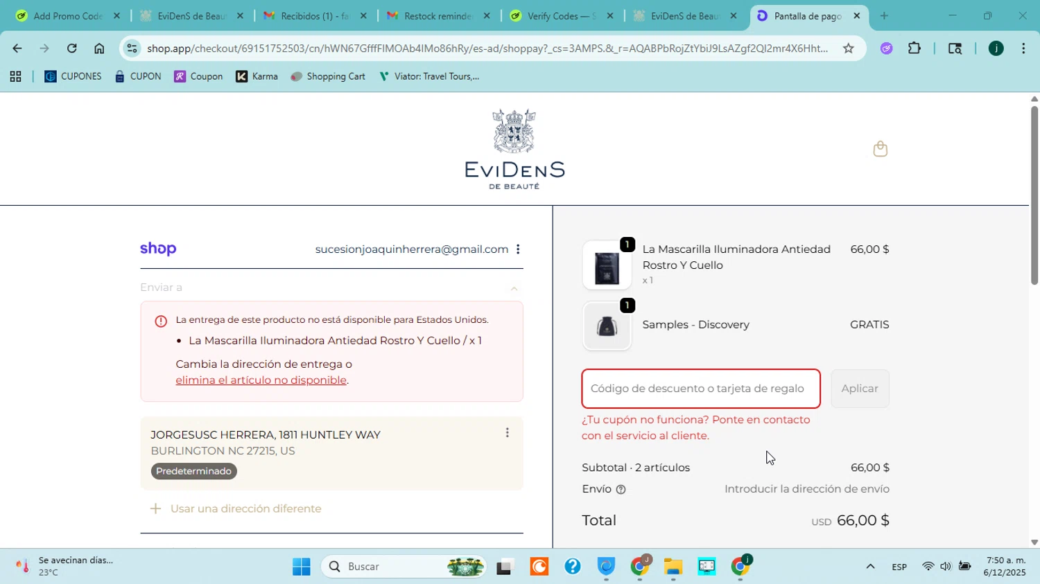 EviDens de Beaute promo code screenshot showing code 11DEAL applied at EviDens de Beaute checkout page. Uploaded by SimplyCodes community member jorgejavierherrera on Dec 6, 2025