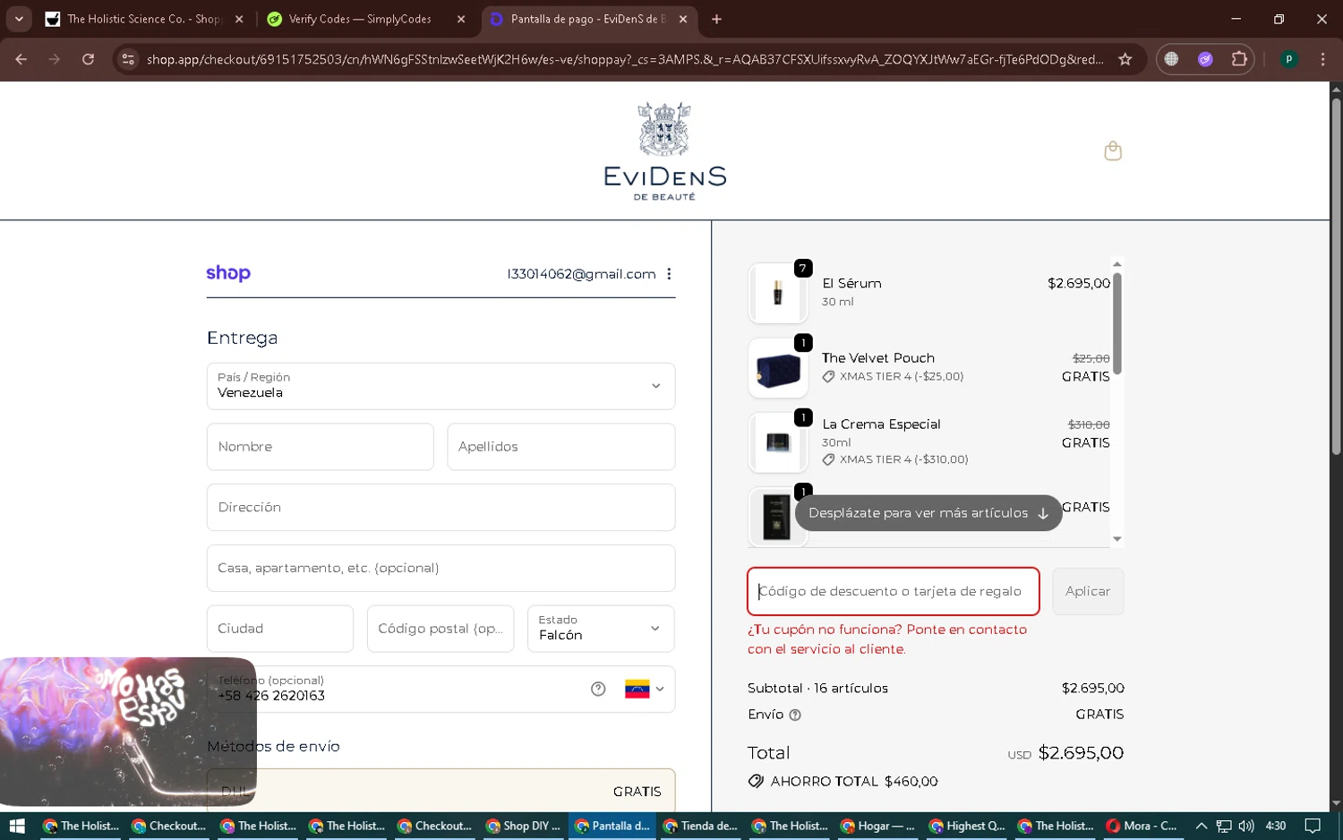 EviDens de Beaute promo code screenshot showing code XSMASDEAL applied at EviDens de Beaute checkout page. Uploaded by SimplyCodes community member ExtraordinaryVirtuoso6801 on Dec 21, 2025