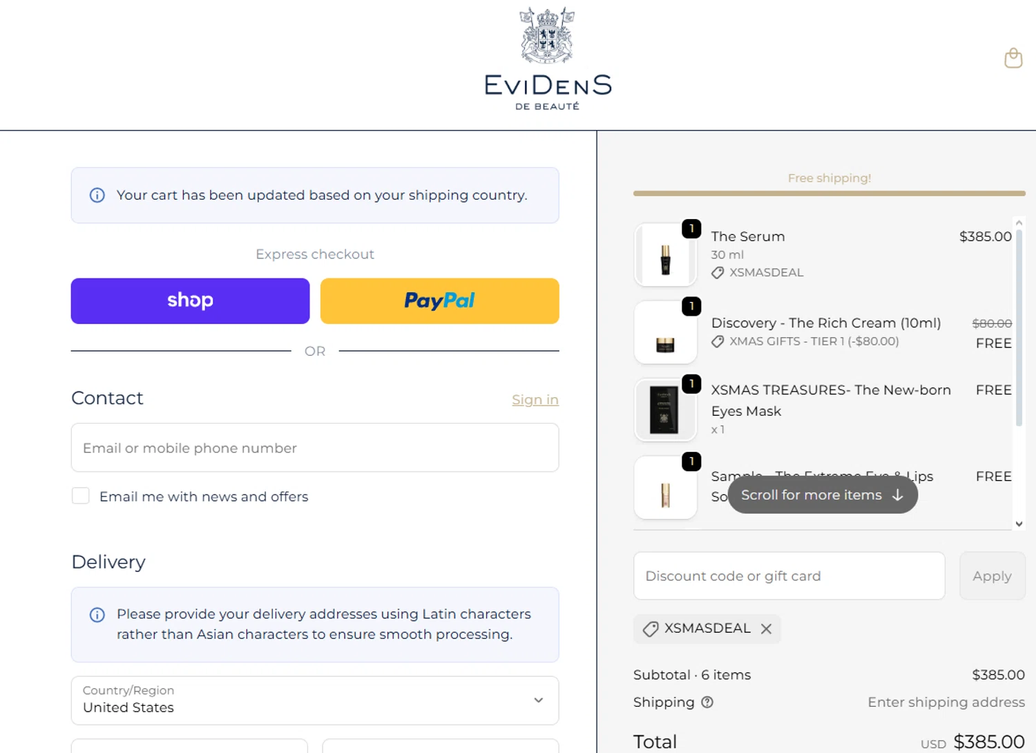 EviDens de Beaute promo code screenshot showing code XSMASDEAL applied at EviDens de Beaute checkout page. Uploaded by SimplyCodes community member jesspea on Dec 12, 2025