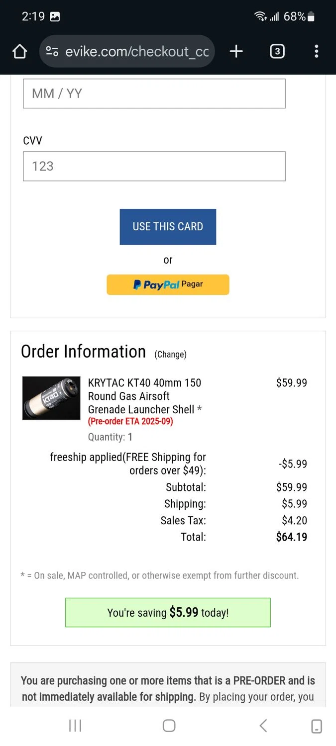 Evike promo code screenshot showing code freeship applied at Evike checkout page. Uploaded by SimplyCodes community member Milaya on Aug 29, 2025