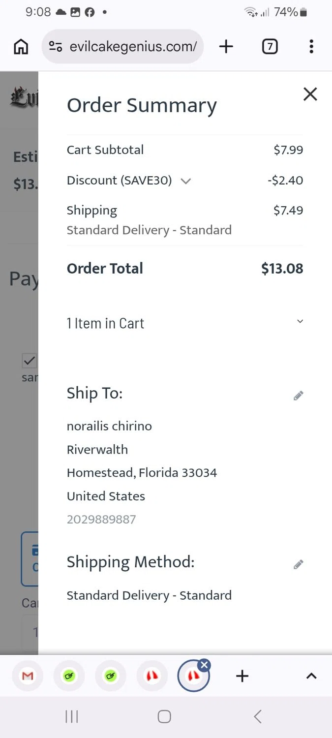 Evil Cake Genius promo code screenshot showing code SAVE30 applied at Evil Cake Genius checkout page. Uploaded by SimplyCodes community member ScanMaverick9378 on Jun 13, 2026