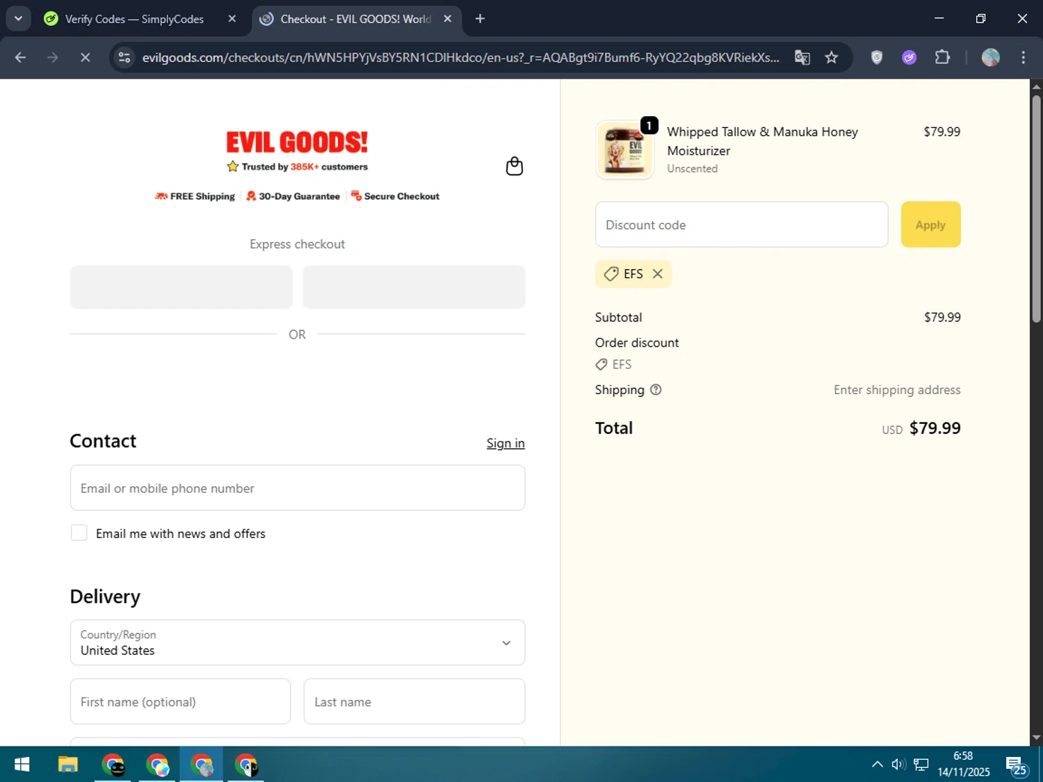 Evil Goods discount code screenshot showing code EFS applied at Evil Goods checkout page. Uploaded by SimplyCodes community member LegendaryPro7106 on Nov 14, 2025