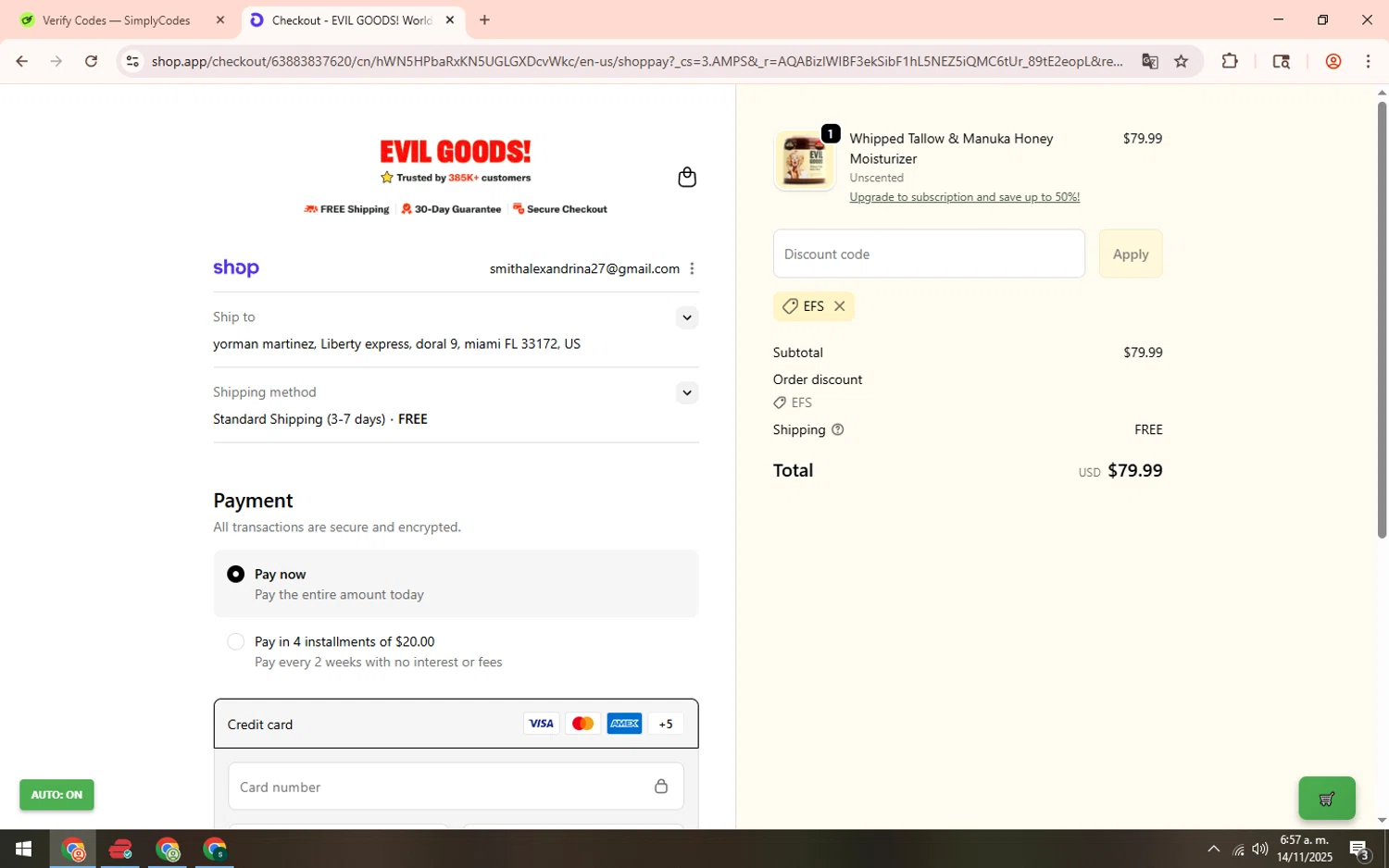 Evil Goods discount code screenshot showing code EFS applied at Evil Goods checkout page. Uploaded by SimplyCodes community member lareinadecupones on Nov 14, 2025