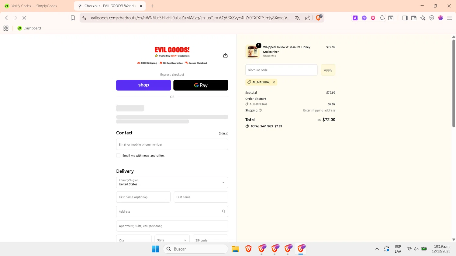 Evil Goods checkout page showing Evil Goods discount code box | Screenshot taken by SimplyCodes community member on Dec 12, 2025