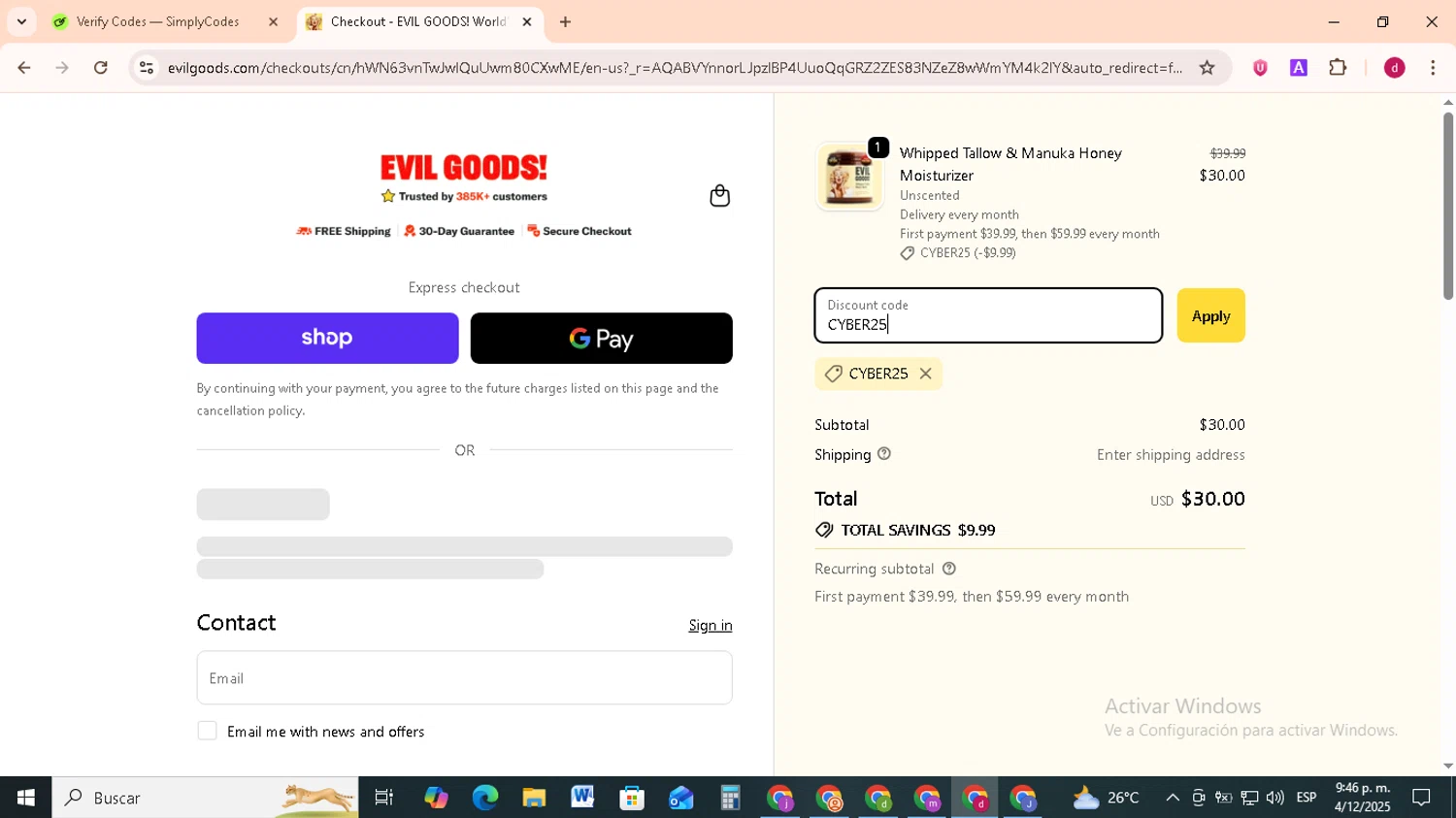 Evil Goods discount code screenshot showing code CYBER25 applied at Evil Goods checkout page. Uploaded by SimplyCodes community member FrugalMonarch7277 on Dec 5, 2025