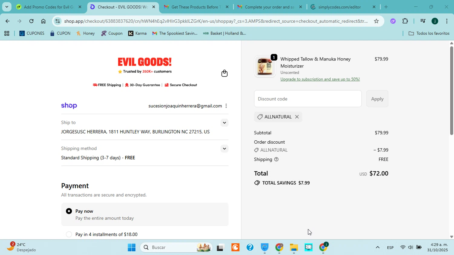 Evil Goods discount code screenshot showing code ALLNATURAL applied at Evil Goods checkout page. Uploaded by SimplyCodes community member jorgejavierherrera on Oct 31, 2025