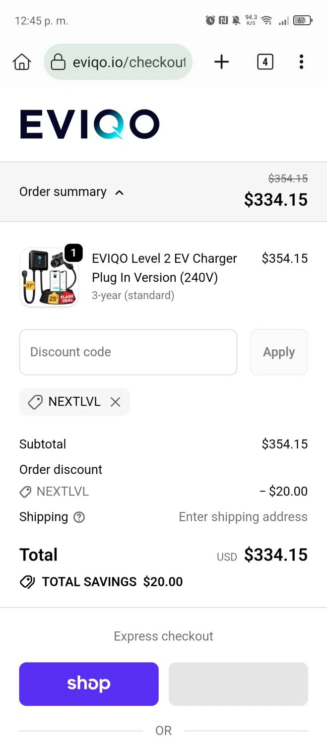 EVIQO discount code screenshot showing code NEXTLVL applied at EVIQO checkout page. Uploaded by SimplyCodes community member MRDEAL on Nov 12, 2025