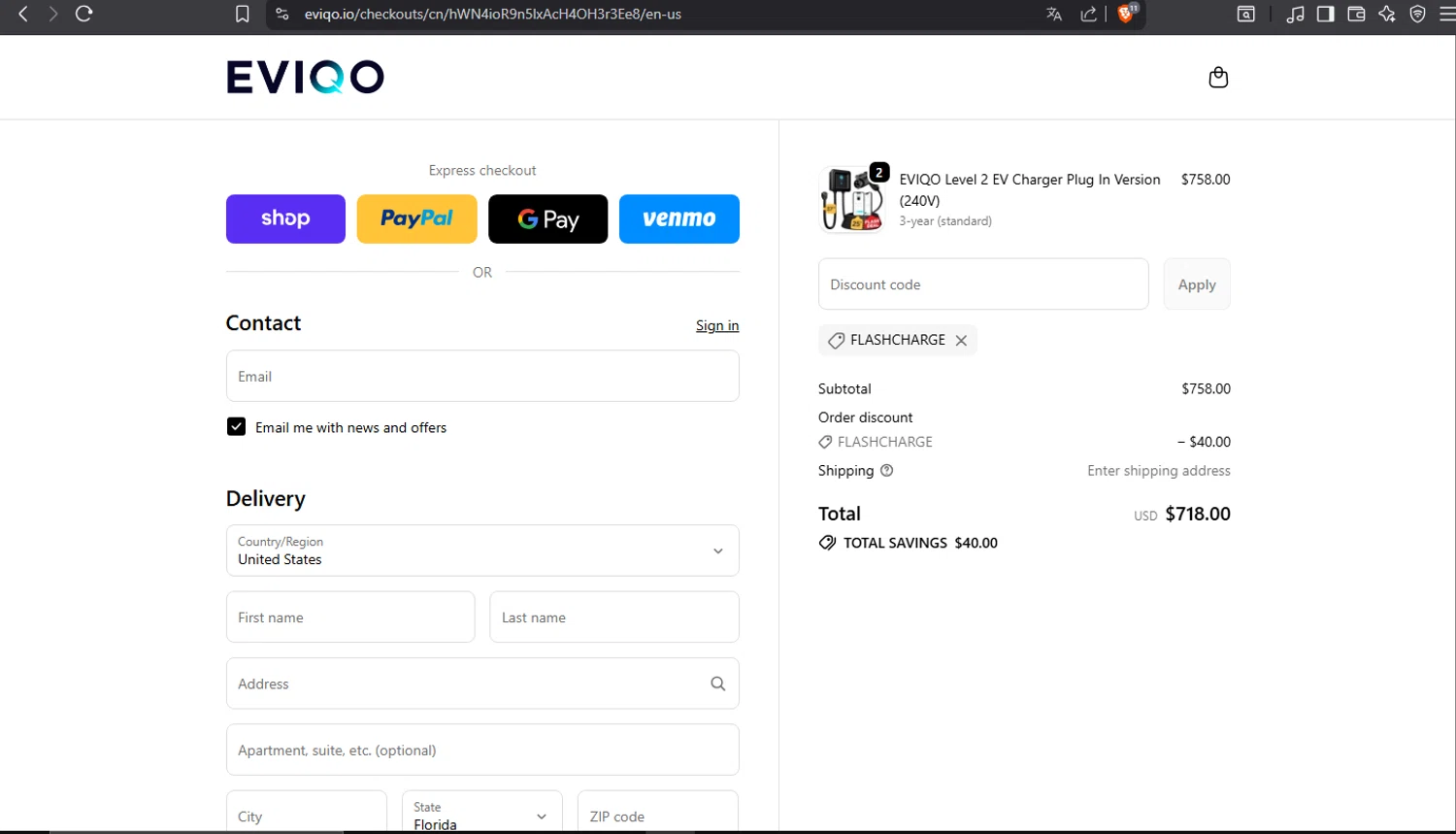EVIQO discount code screenshot showing code FLASHCHARGE applied at EVIQO checkout page. Uploaded by SimplyCodes community member crischidy25 on Oct 31, 2025