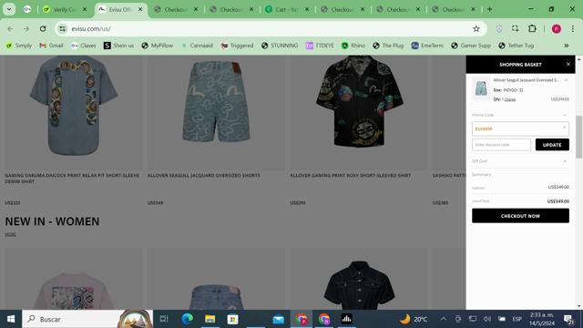 Evisu checkout page showing Evisu coupon code box | Screenshot taken by SimplyCodes community member on May 14, 2024